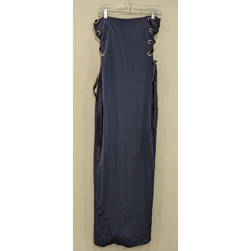 Badgley Mischka Navy Blue Strapless Column Dress with Black Velvet Lace Up Side